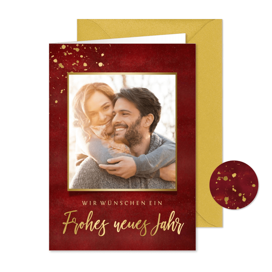 Neujahrskarte rot mit Foto und Goldakzenten - Karteneindruck