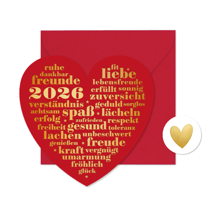 Neujahrskarte rotes Herz Neujahrswünsche - Karteneindruck
