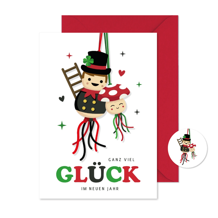 Neujahrskarte Schornsteinfeger & Fliegenpilz - Karteneindruck