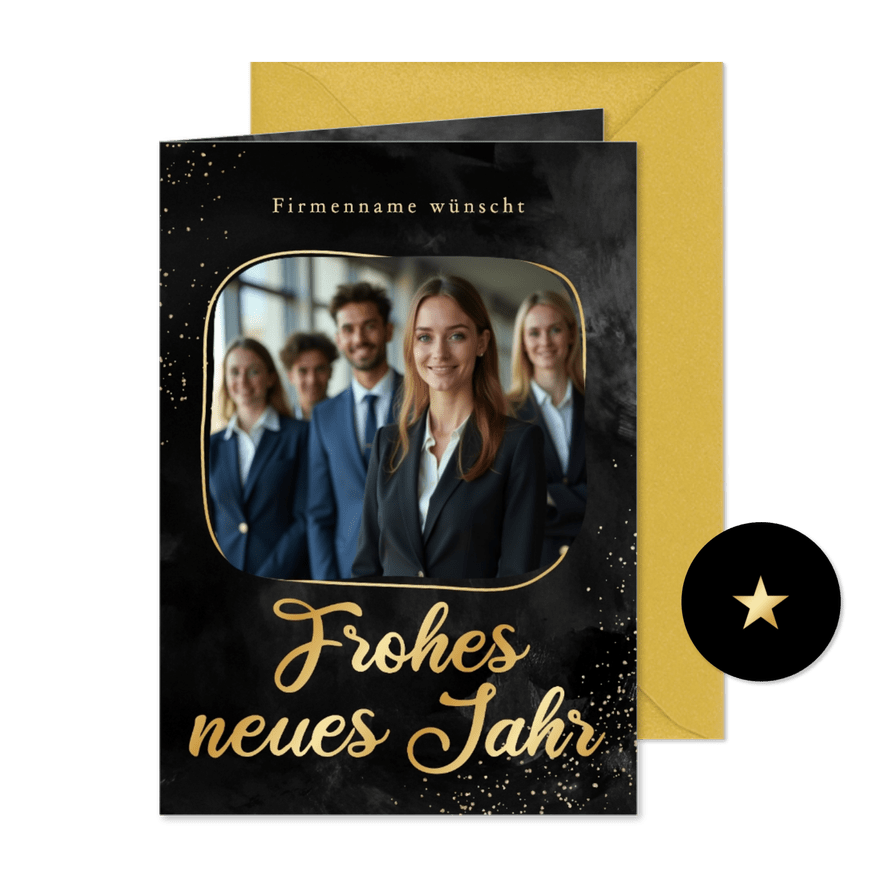 Neujahrskarte Schwarz Foto goldener Rahmen Kleckse - Kartenvorschau
