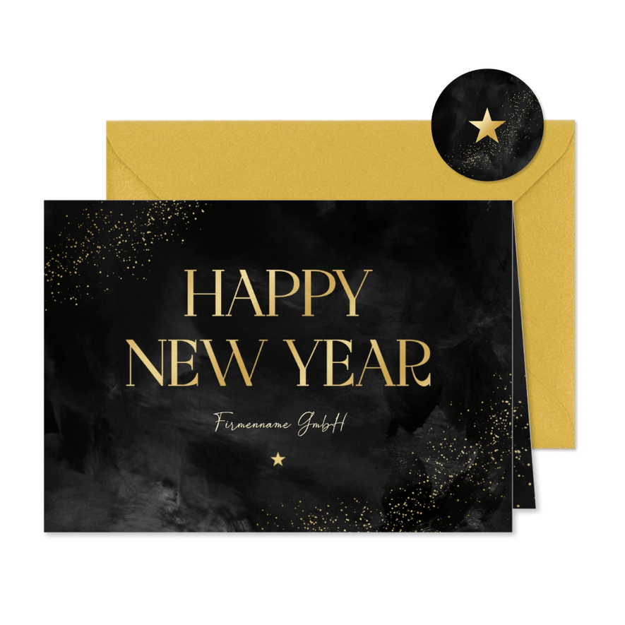 Neujahrskarte schwarz 'Happy New Year' Firmenname - Karteneindruck

