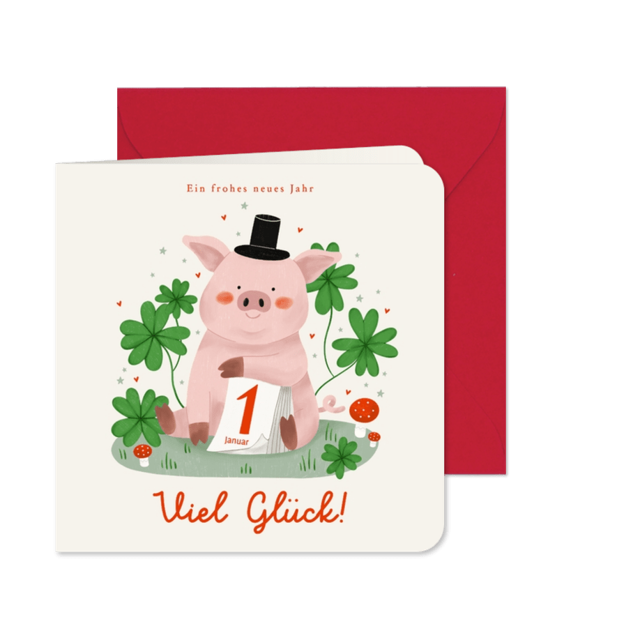 Neujahrskarte Schwein Kleeblätter Kalender Glück - Kartenvorschau