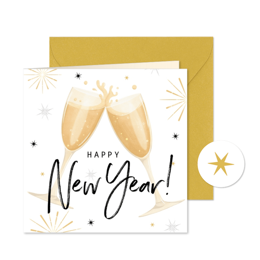 Neujahrskarte Sektgläser und Feuerwerk - Karteneindruck