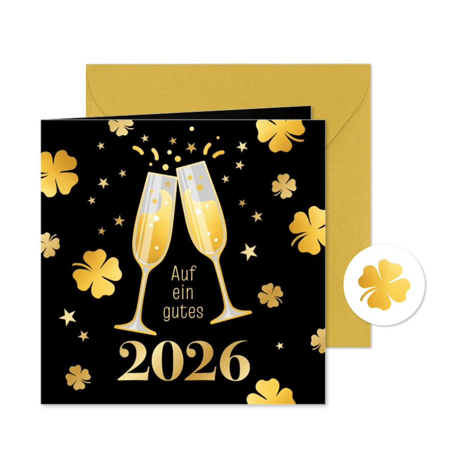Neujahrskarte Sektgläser & Kleeblätter gold - Karteneindruck