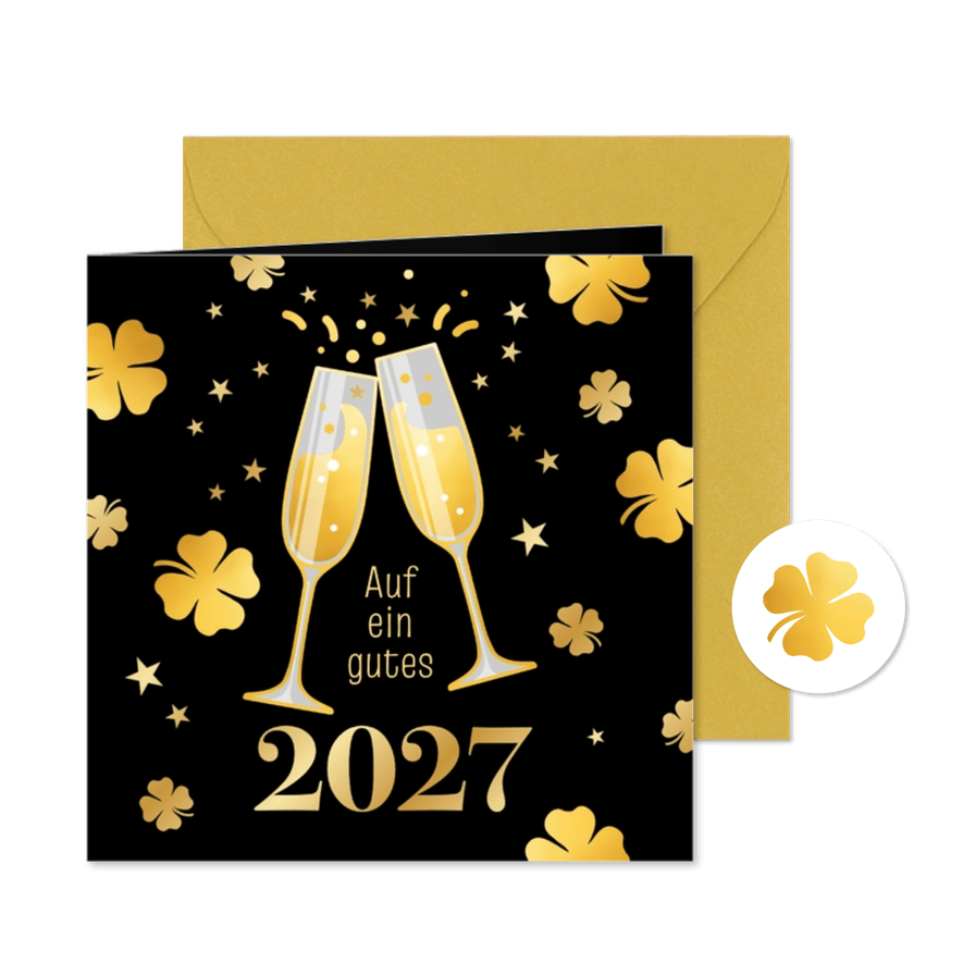 Neujahrskarte Sektgläser & Kleeblätter gold - Kartenvorschau