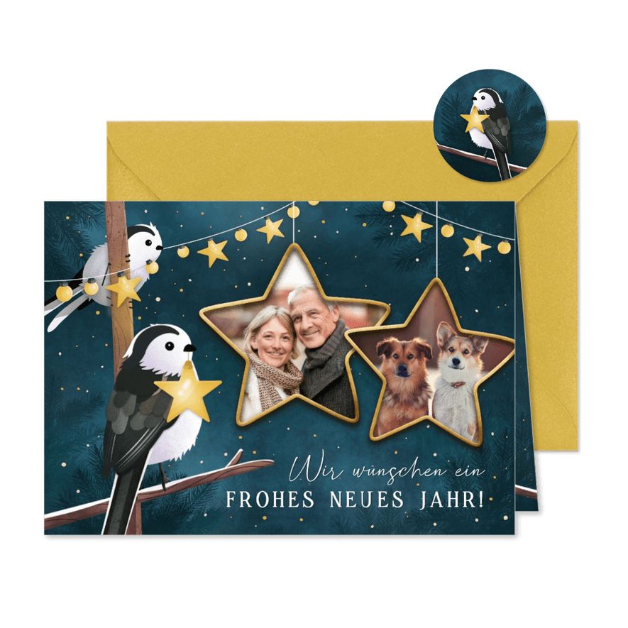 Neujahrskarte Sternefotos & Vögel - Karteneindruck