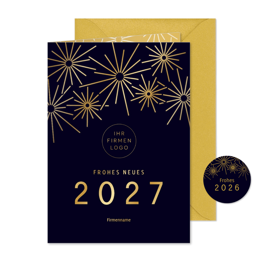 Neujahrskarte stilistisch Gold Feuerwerk Logo Firma - Kartenvorschau
