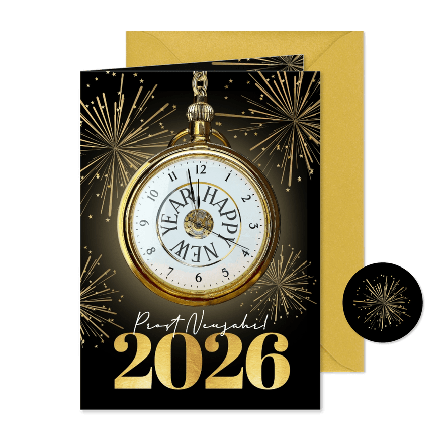 Neujahrskarte Uhr und Feuerwerk - Karteneindruck