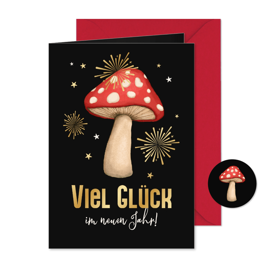 Neujahrskarte 'Viel Glück' Fliegenpilz mit Feuerwerk - Karteneindruck
