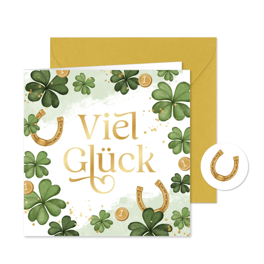 Neujahrskarte 'Viel Glück' Kleeblätter und Hufeisen  - Karteneindruck