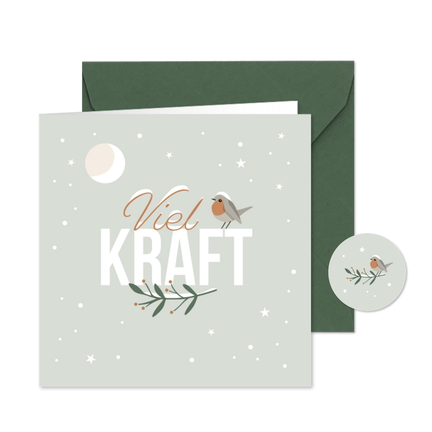 Neujahrskarte 'Viel Kraft' Rotkehlchen im Schnee - Karteneindruck
