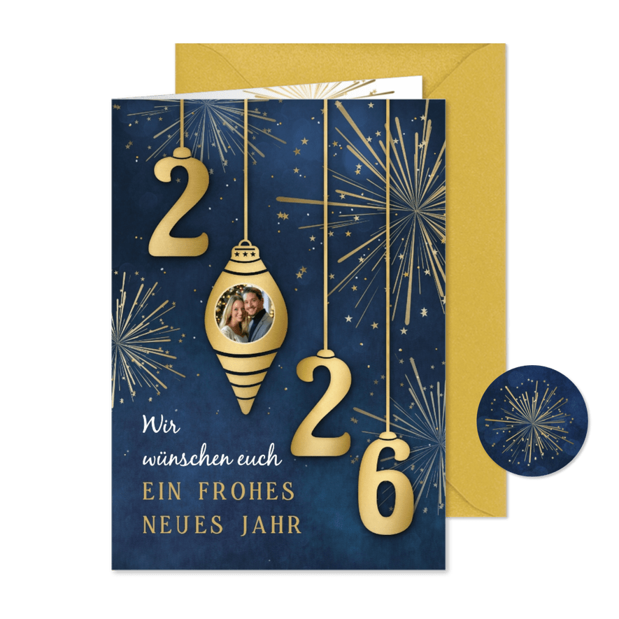 Neujahrskarte Weihnachtskugeln mit Foto '2026' - Karteneindruck
