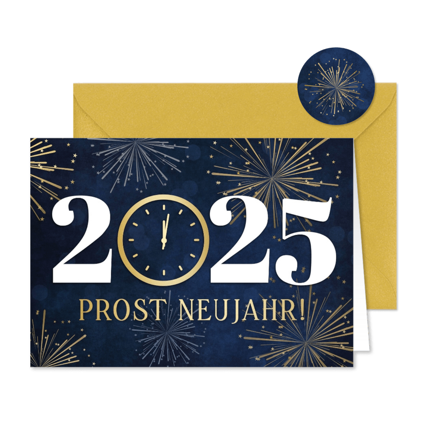 Neujahrskarte Zwölf Uhr und Feuerwerk - Karteneindruck