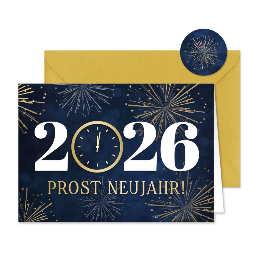 Neujahrskarte Zwölf Uhr und Feuerwerk - Karteneindruck