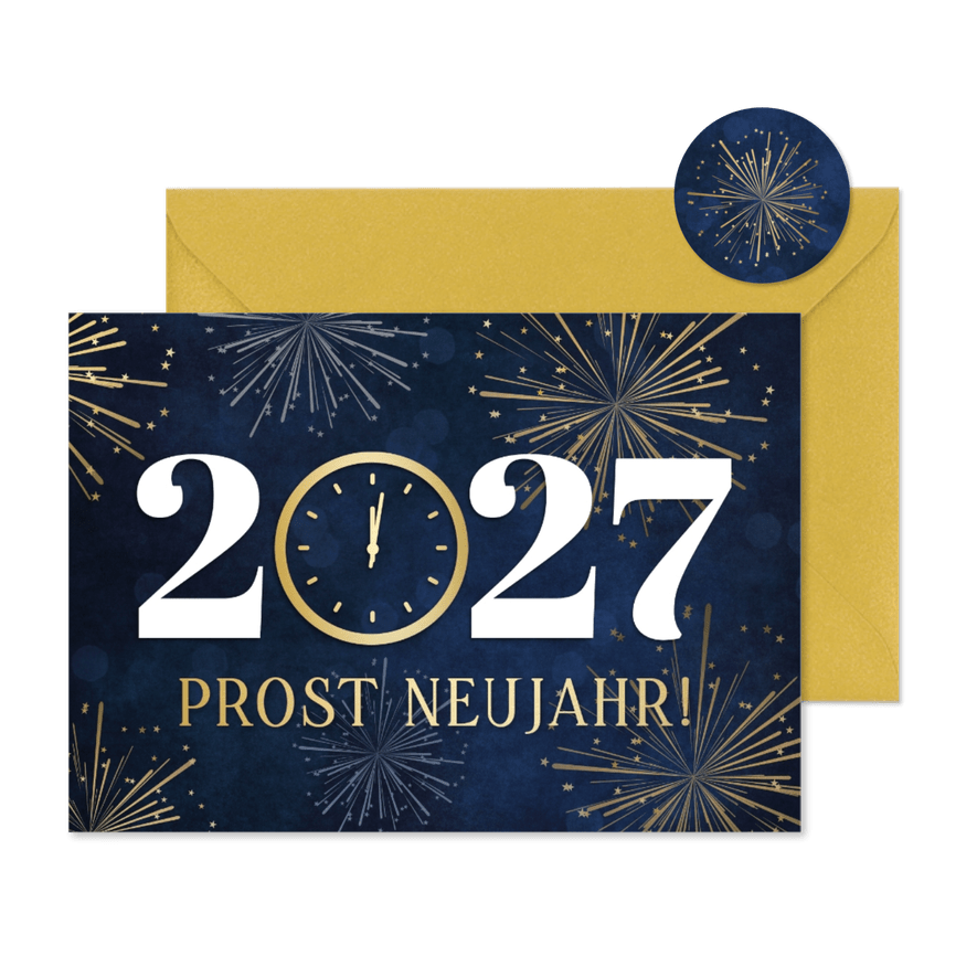 Neujahrskarte Zwölf Uhr und Feuerwerk - Kartenvorschau