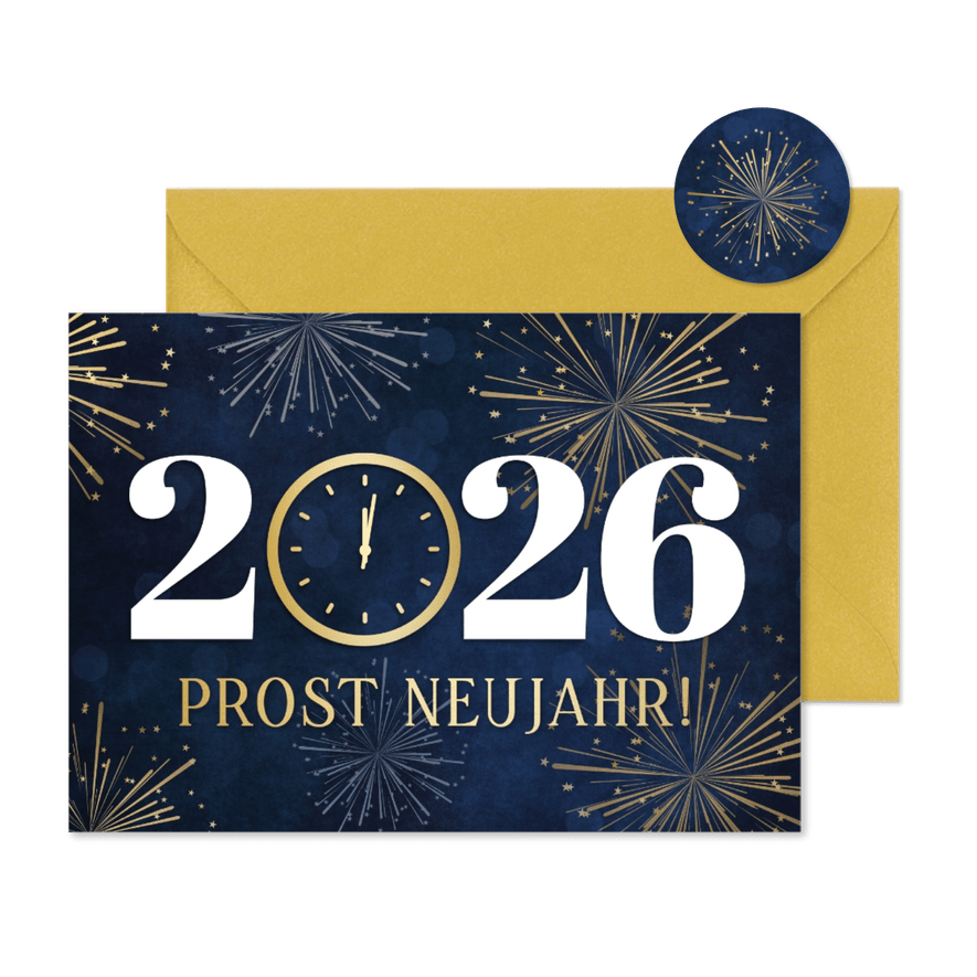 Neujahrskarte Zwölf Uhr und Feuerwerk - Karteneindruck
