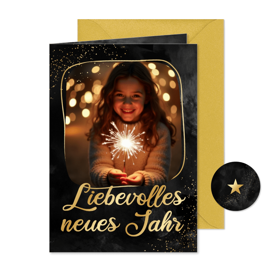 Neujahrskarten Foto goldener Rahmen Schwarz 'Liebevoll' - Karteneindruck