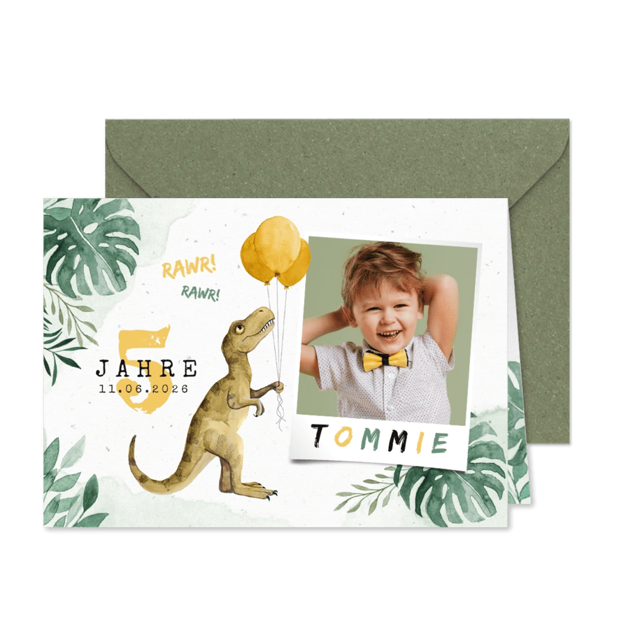 Niedliche Einladung 5. Kindergeburtstag - Dinosaurierparty  - Kartenvorschau

