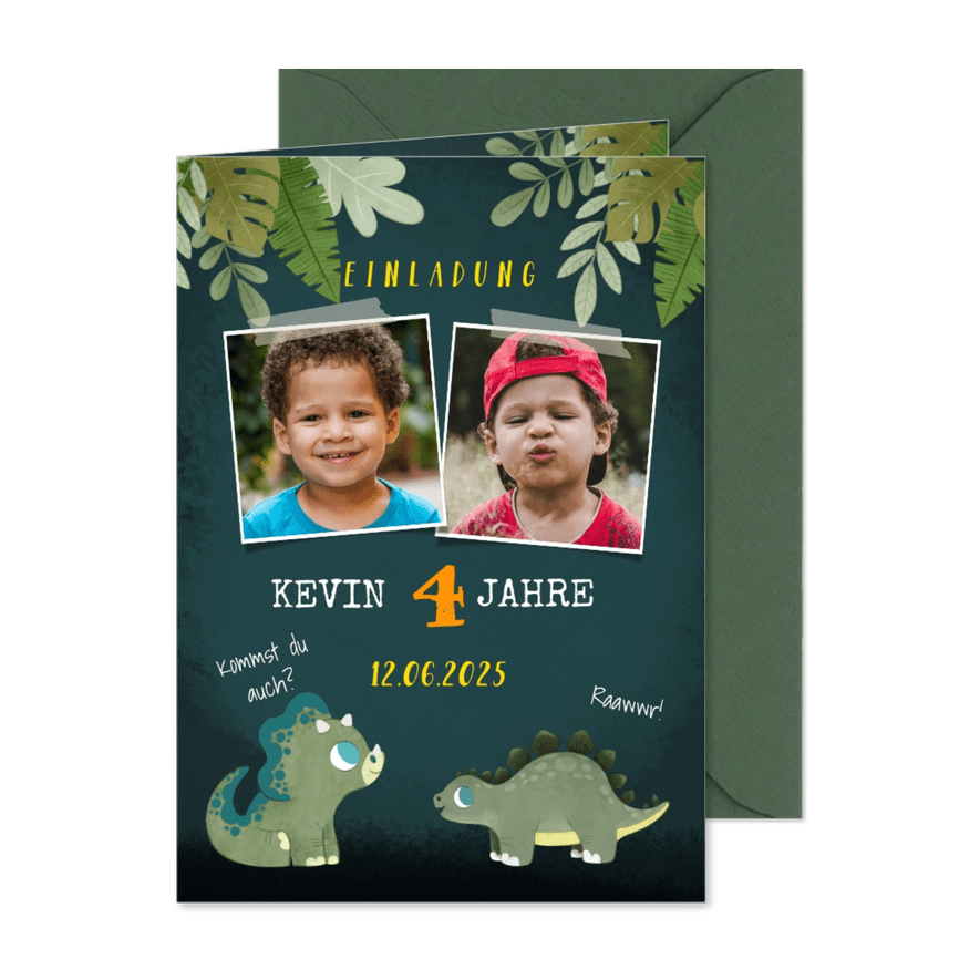 Niedliche Einladung zum Kindergeburtstag mit Dinos und Fotos - Karteneindruck