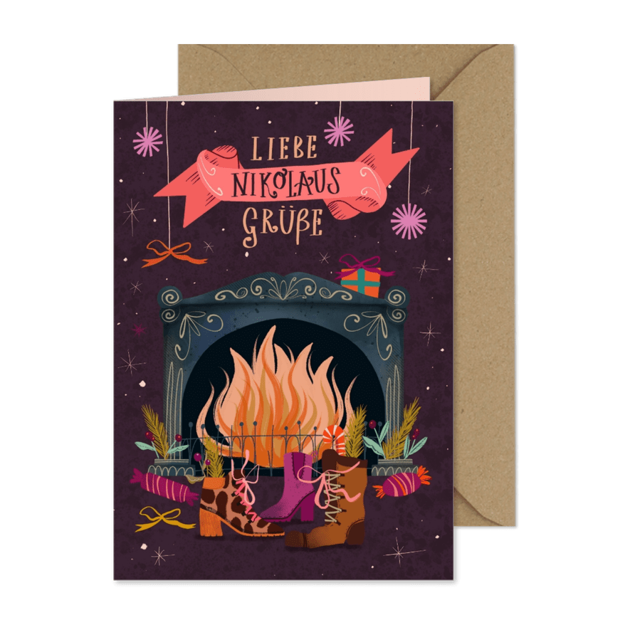 Nikolaus-Grußkarte Kaminfeuer - Karteneindruck