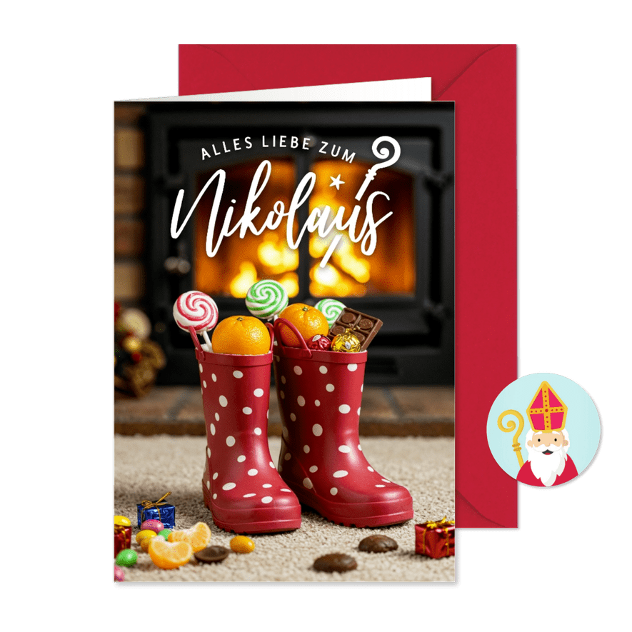Nikolaus Weihnachtskarte gefüllte Stiefel Kamin - Karteneindruck