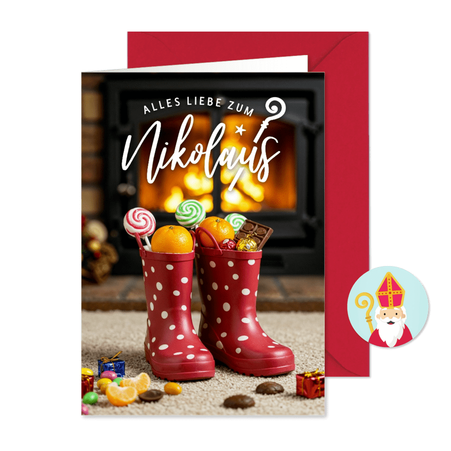 Nikolaus Weihnachtskarte gefüllte Stiefel Kamin - Kartenvorschau