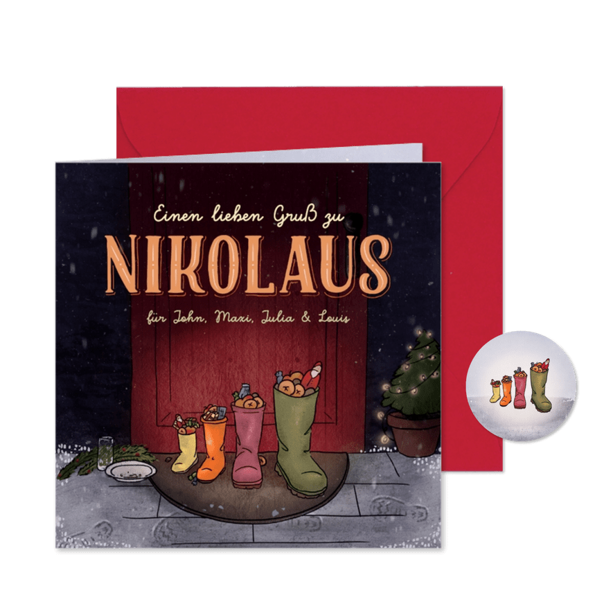 Nikolauskarte 4 Stiefel mit Fußspuren im Schnee - Karteneindruck
