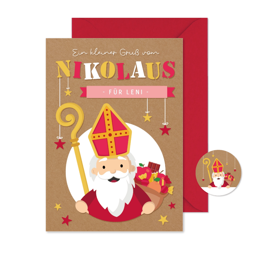 Nikolauskarte 'Ein kleiner Gruß vom Nikolaus' Kraftpapier - Kartenvorschau
