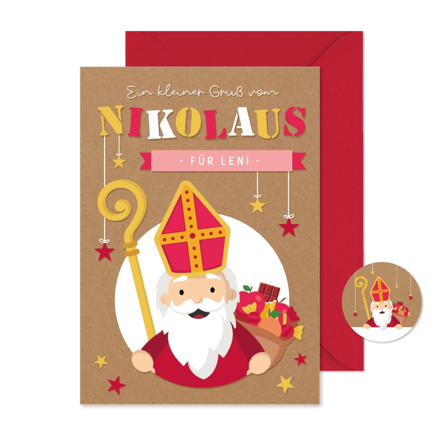 Nikolauskarte 'Ein kleiner Gruß vom Nikolaus' Kraftpapier - Kartenvorschau
