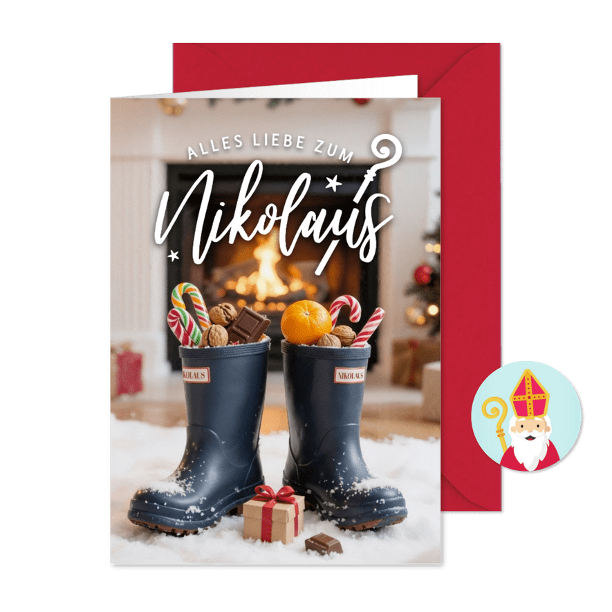 Nikolauskarte Gummistiefel Schnee Kamin Adventsgrüße - Karteneindruck
