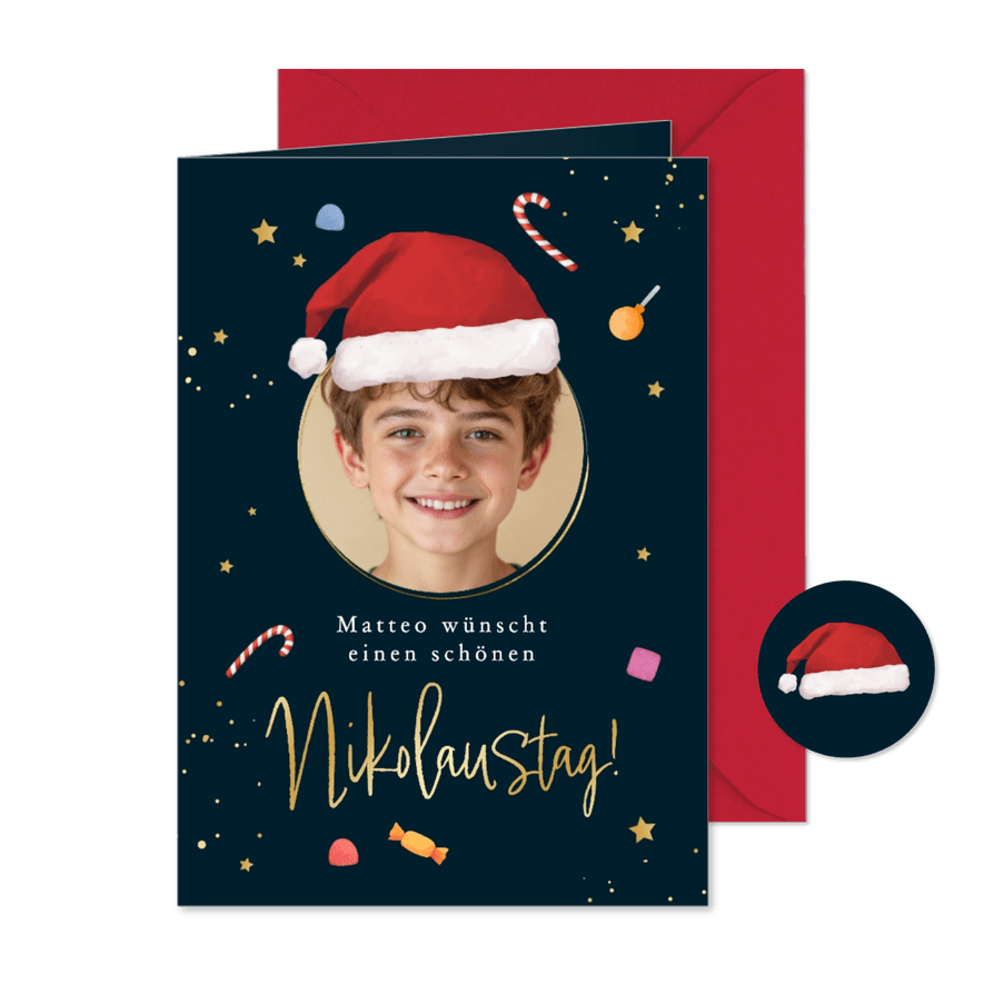 Nikolauskarte mit Foto und Nikolausmütze - Karteneindruck