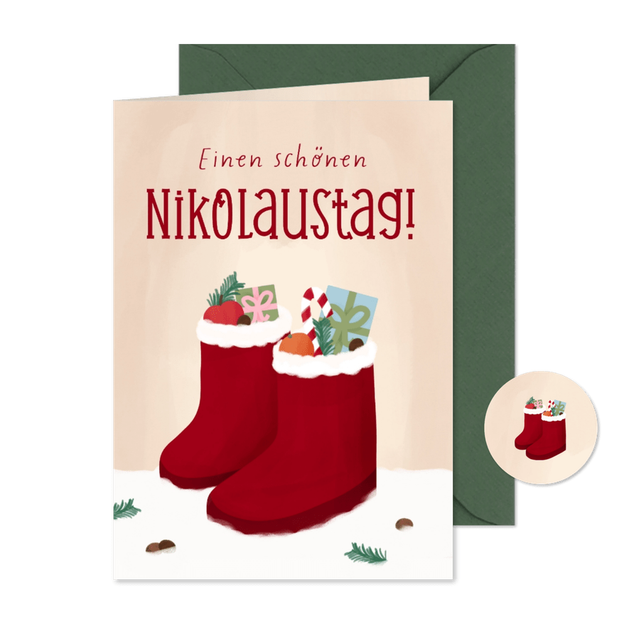 Nikolauskarte Stiefel im Schnee & Geschenke - Karteneindruck
