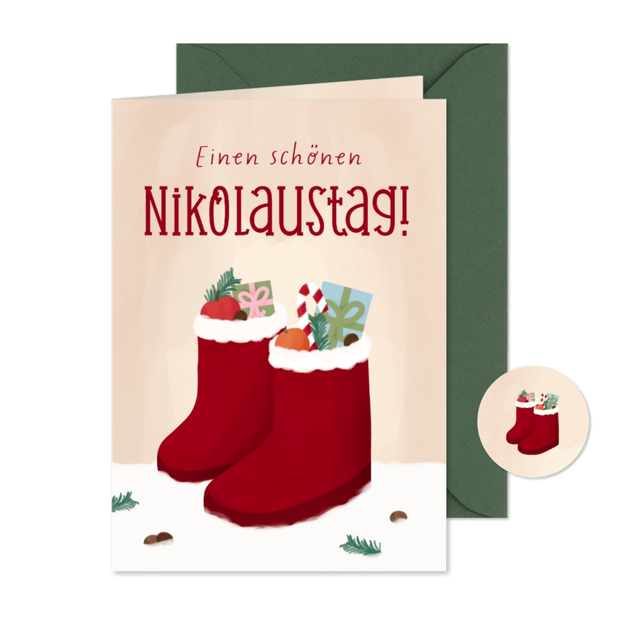 Nikolauskarte Stiefel im Schnee & Geschenke - Karteneindruck