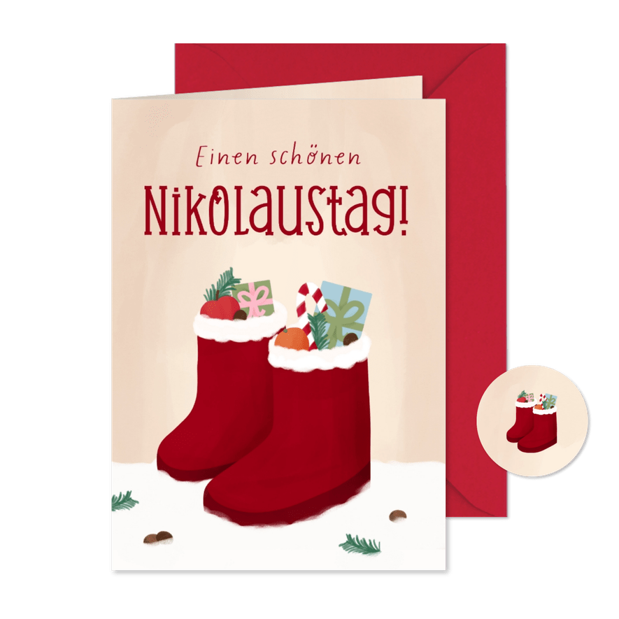 Nikolauskarte Stiefel im Schnee & Geschenke - Karteneindruck
