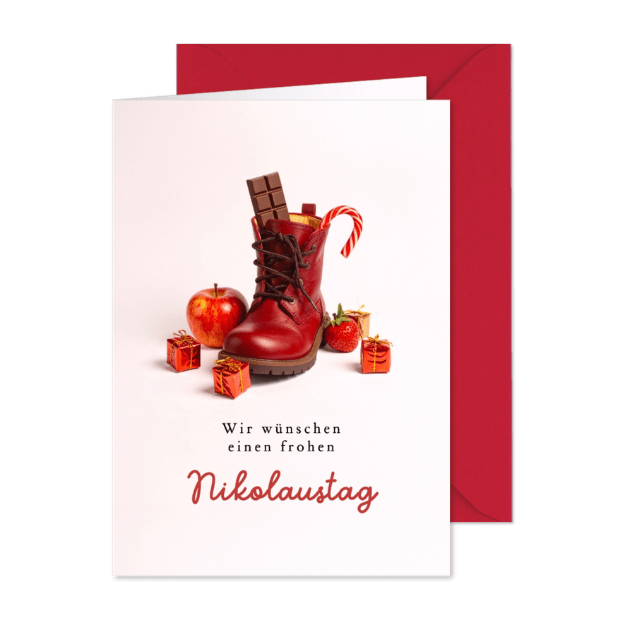 Nikolauskarte Stiefel Süßigkeiten und Geschenke - Karteneindruck