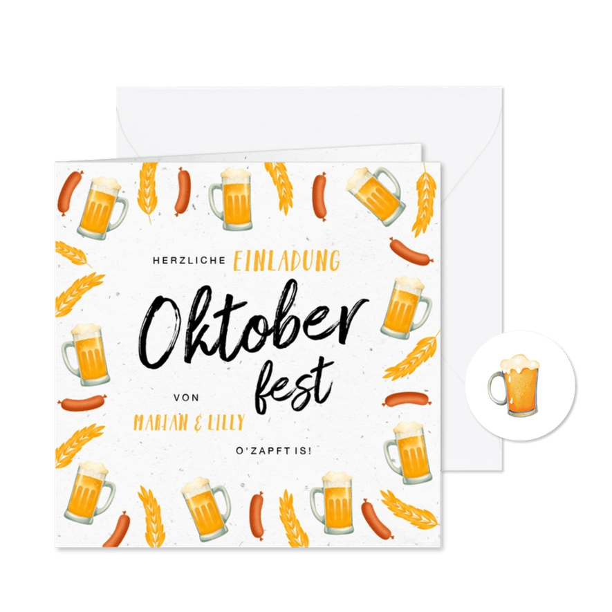 Oktoberfest-Einladung Biergläser und Würstchen - Karteneindruck
