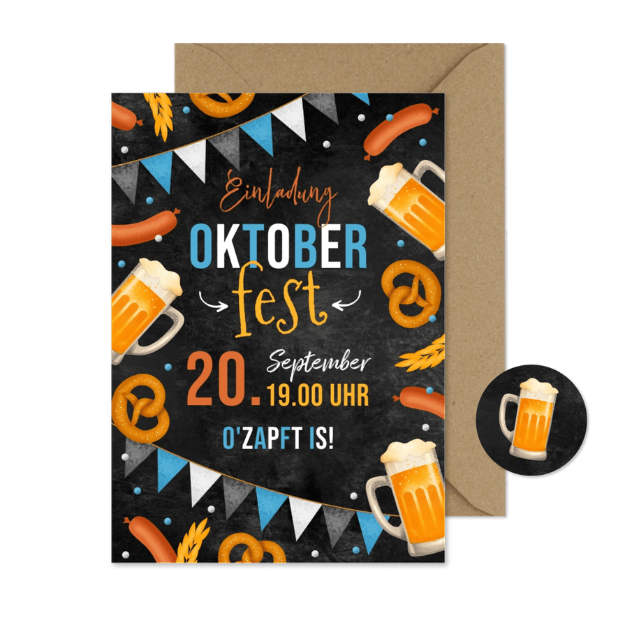 Oktoberfest-Einladung Fähnchen, Bier& Brezeln - Karteneindruck
