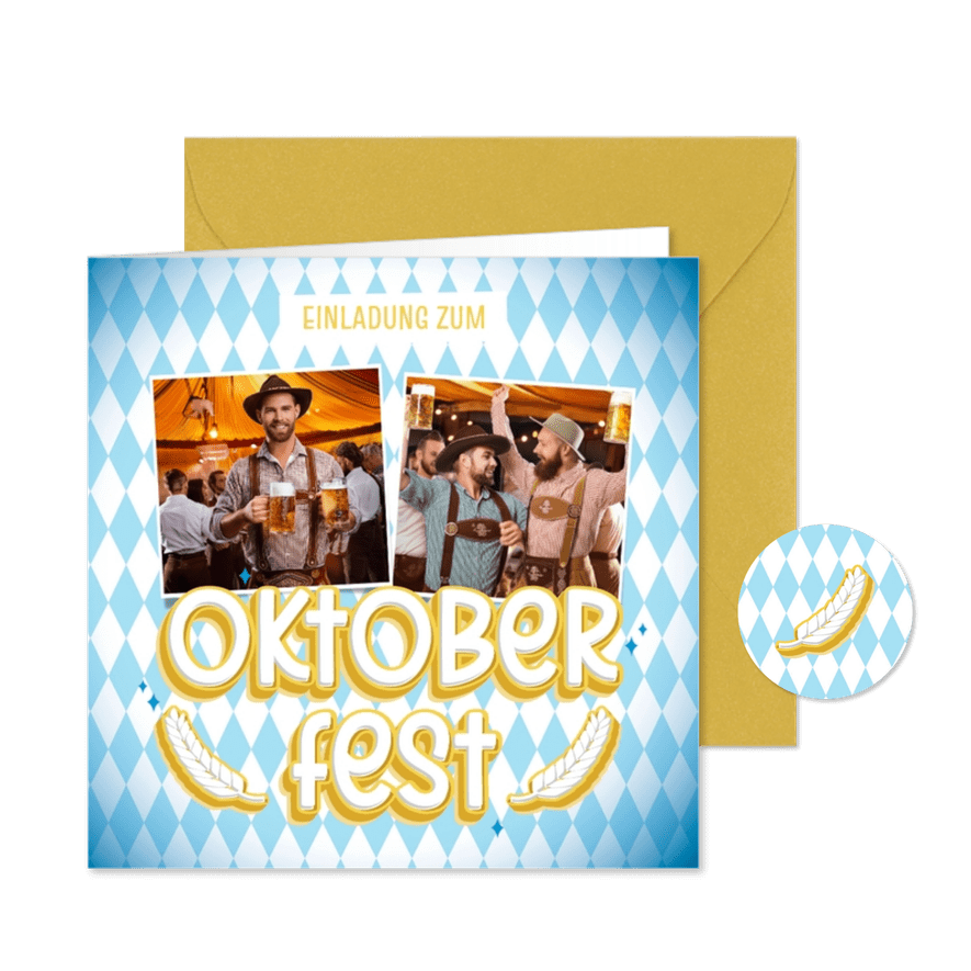 Oktoberfest Einladung mit Fotos auf blau-weißen Rauten - Karteneindruck
