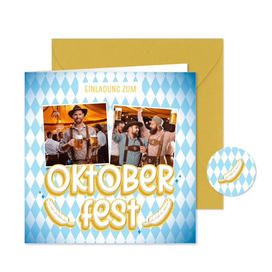 Oktoberfest Einladung mit Fotos auf blau-weißen Rauten - Karteneindruck