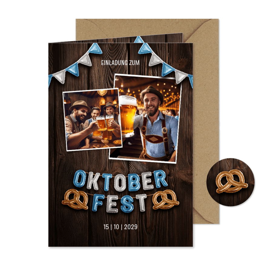 Oktoberfest Foto-Einladung Folienballons mit Brezeln - Karteneindruck