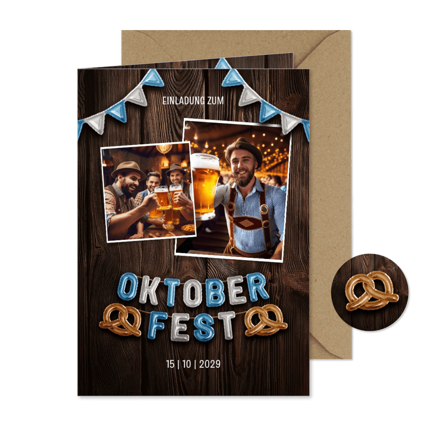 Oktoberfest Foto-Einladung Folienballons mit Brezeln - Karteneindruck