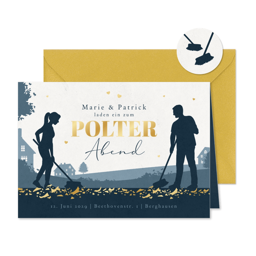 Originelle Einladungskarte Polterabend Scherben in Gold - Karteneindruck
