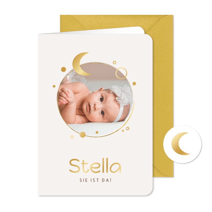 Originelle Geburtskarte mit Planeten, Foto & Golddruck - Karteneindruck
