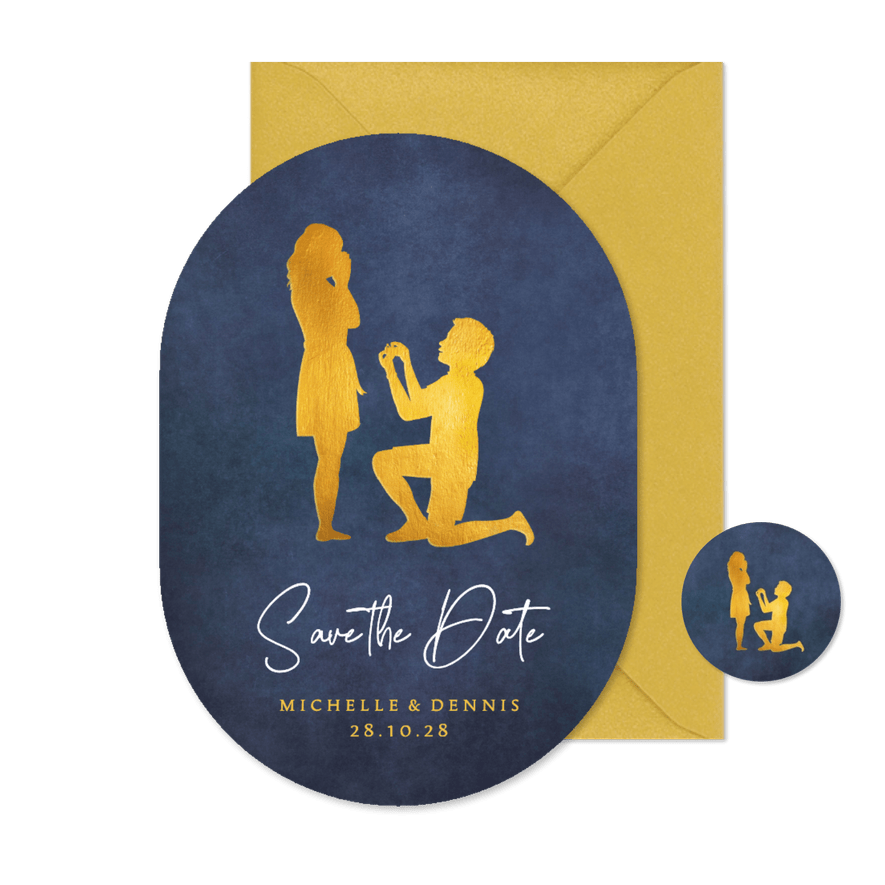 Oval 'Save the Date' Paar Heiratsantrag Scherenschnitt gold - Karteneindruck
