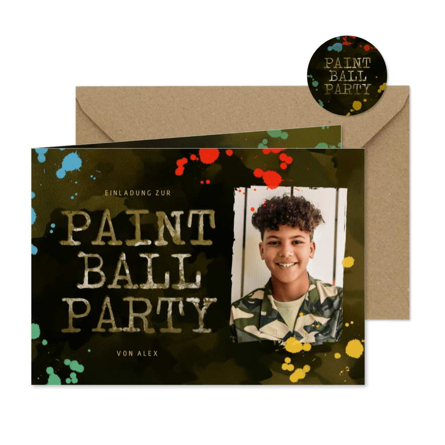 Paintball-Kindergeburtstag Einladung mit Foto - Kartenvorschau
