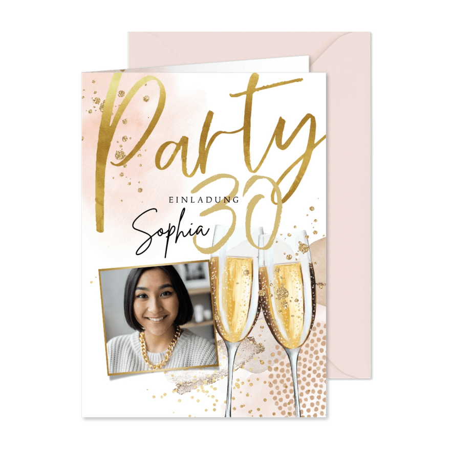 Partyeinladung 30. Geburtstag Foto & Sektgläser - Karteneindruck