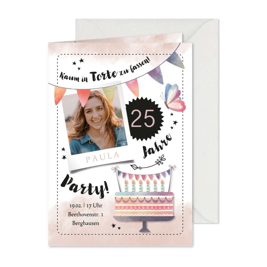 Partyeinladung Foto & Spruch Kaum in Torte zu fassen - Karteneindruck
