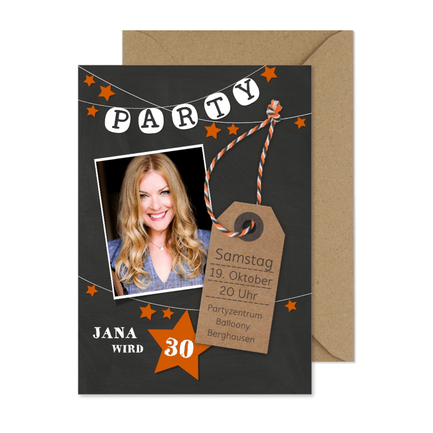 Partyeinladung Foto, Sterne & Anhänger - Karteneindruck
