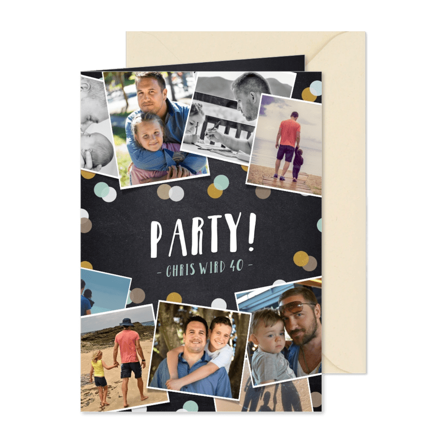 Partyeinladung Fotocollage auf Kreidetafel - Karteneindruck
