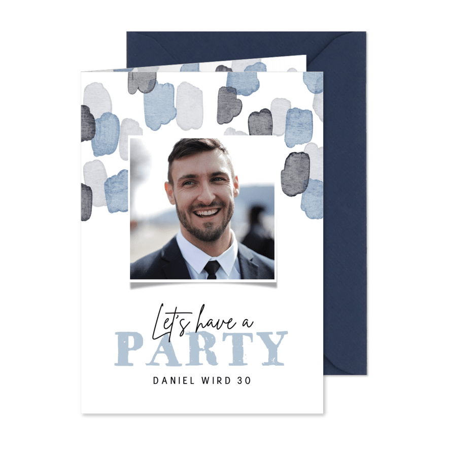 Partyeinladung Geburtstag blaue Aquarelltupfen - Karteneindruck
